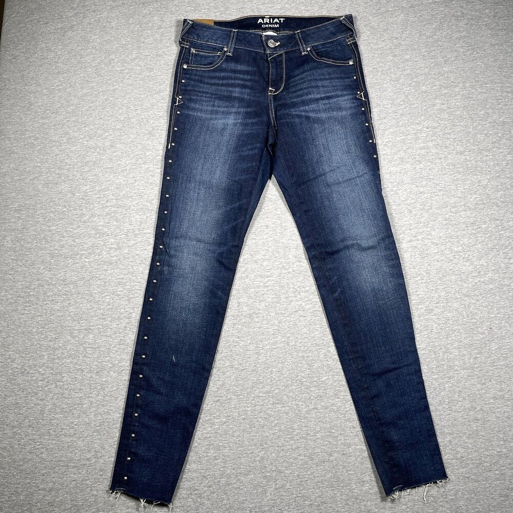 Ariat Jeans Womens 28 Blue Skinny Mid Rise Studded Dark Wash Stretch Raw Hem